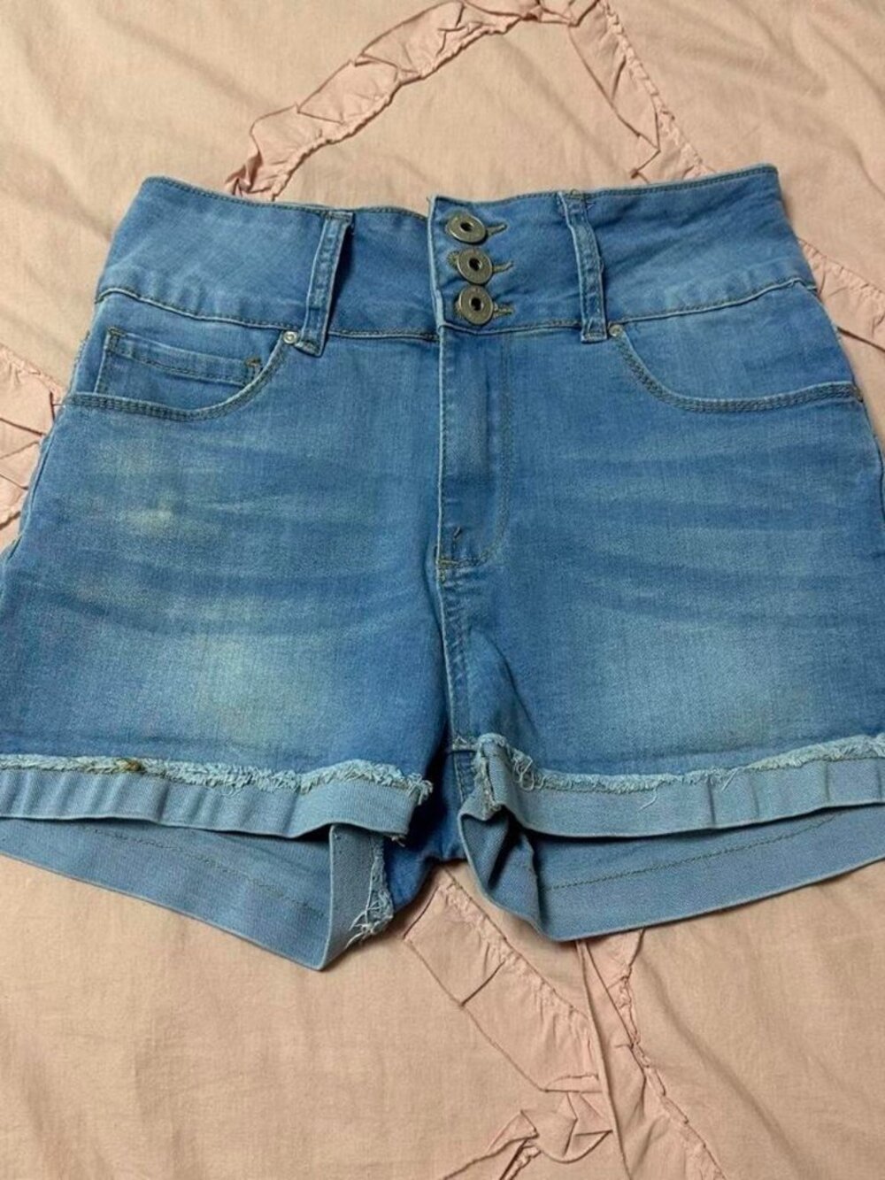 Blue Savvy high waisted denim shorts with button/zip fly closure. Size 11/30.